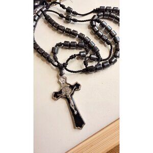Handmade Black Rosary Necklace With Silver Metal Crucifix Pendant & Beaded Chain
